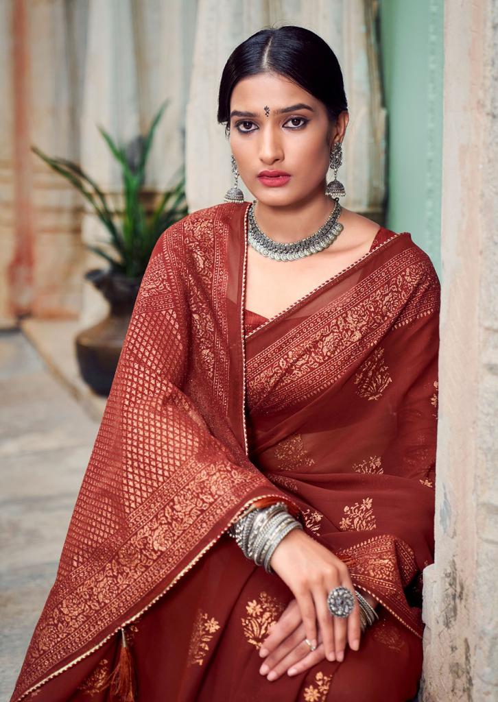 Kashvi Nadia Fancy Wear Designer Georgette With Antique copper Zari Saree Collection 